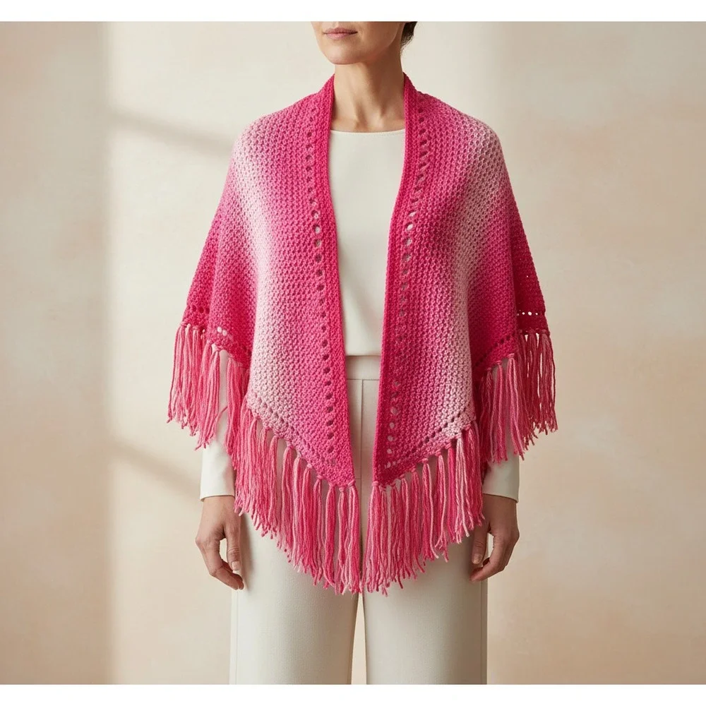 NEW Pink Ombre Hand‎ Knitted Shawl Wrap Scarf Boho Fringe Cottage Coquette Fairy
